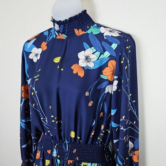 Nanette Lepore Floral High Lo Smocked Maxi Dress Ruffle Long Sleeve Navy Size 6 - Picture 4 of 16